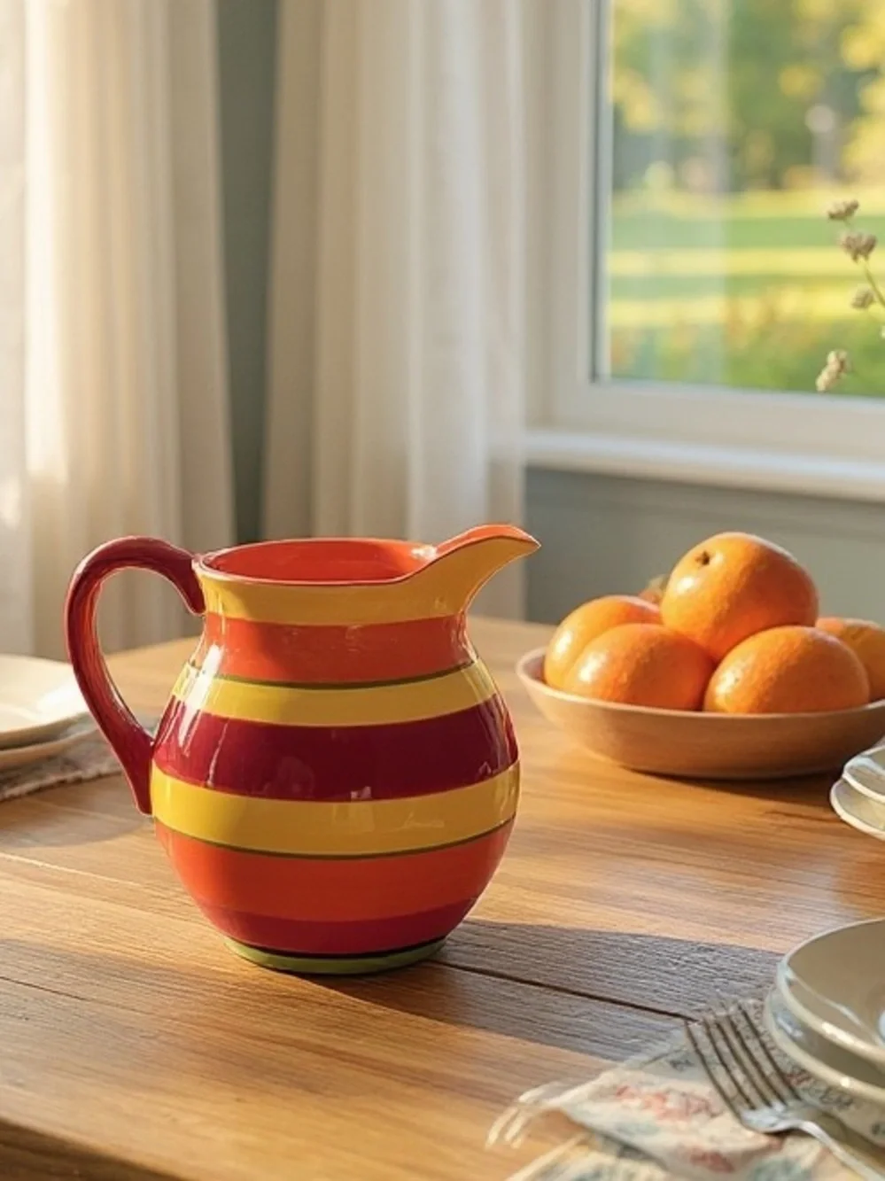 Crate&Barrel Striped Ceramic Pitcher in Red, Orange & Yellow